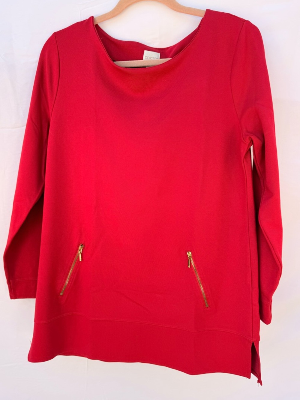 Chico's Red Long-Sleeve Tunic with Gold Zipper Accents